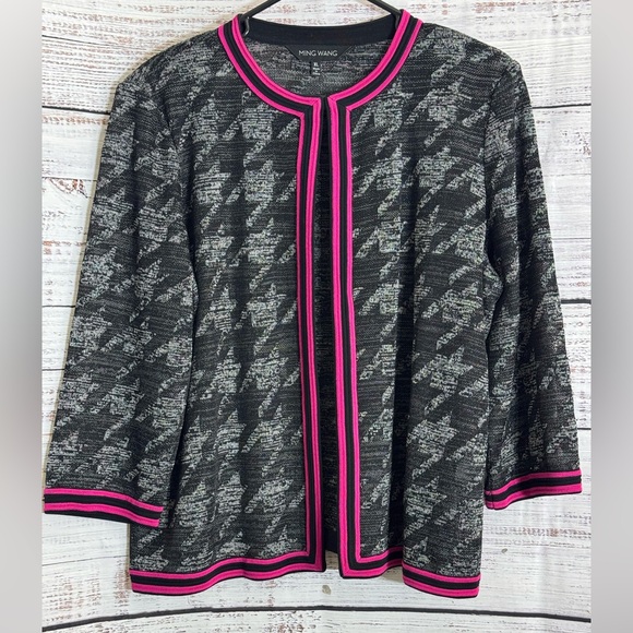 Ming Wang Jacket Womens Size XL Black and Pink Houndstooth cardigan knit - Picture 2 of 11
